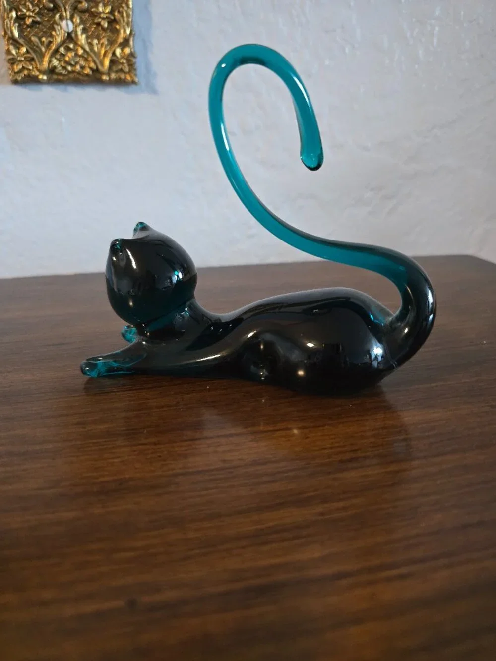 Vintage Hand Blown Glass Cat Figurine Teal/Dark Blue Black